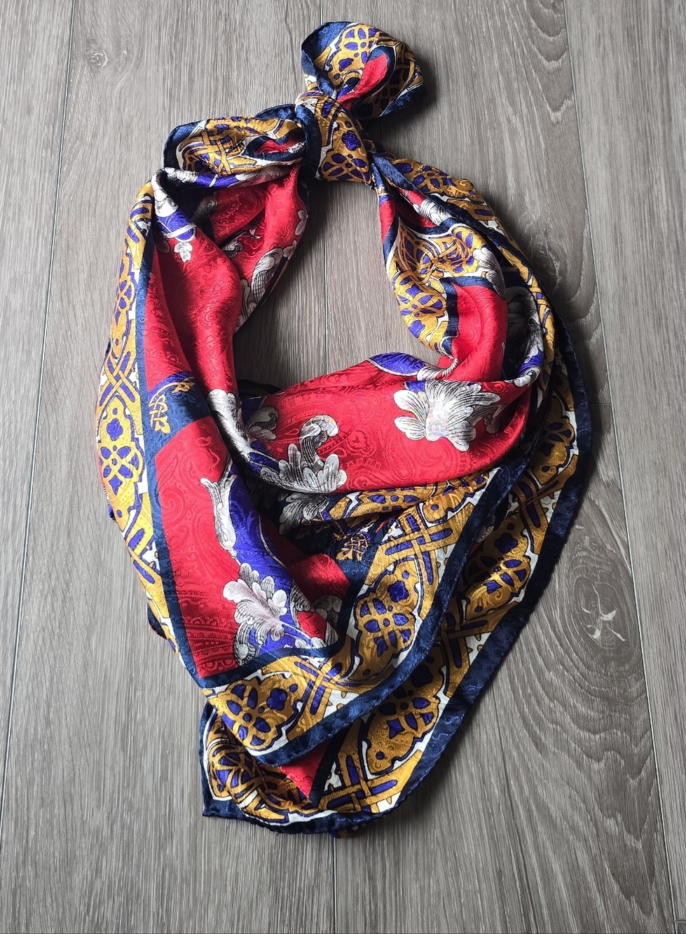 Liz Claiborne Vintage Large Square Scarf Red Blue Gold Baroque Paisley Print 34"